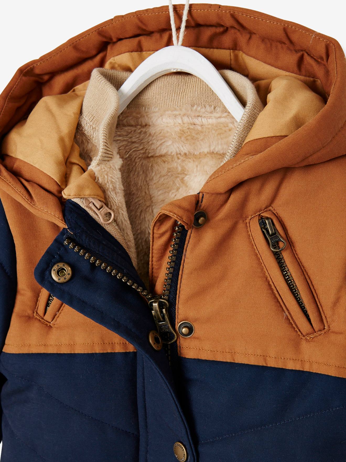 Parka 3 em 1 para bebê menino com jaqueta removível de malha azul-escura lisa.