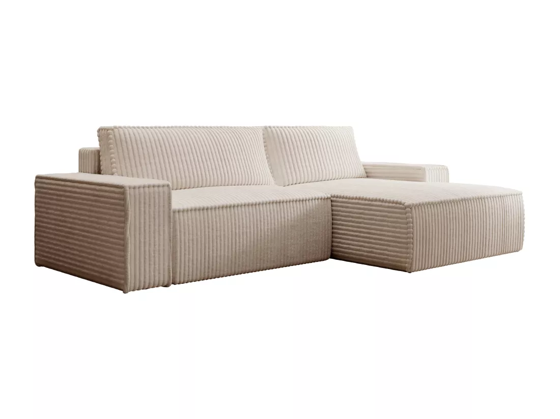 Canapé d'angle droit convertible en velours côtelé grosses côtes beige AMELIA