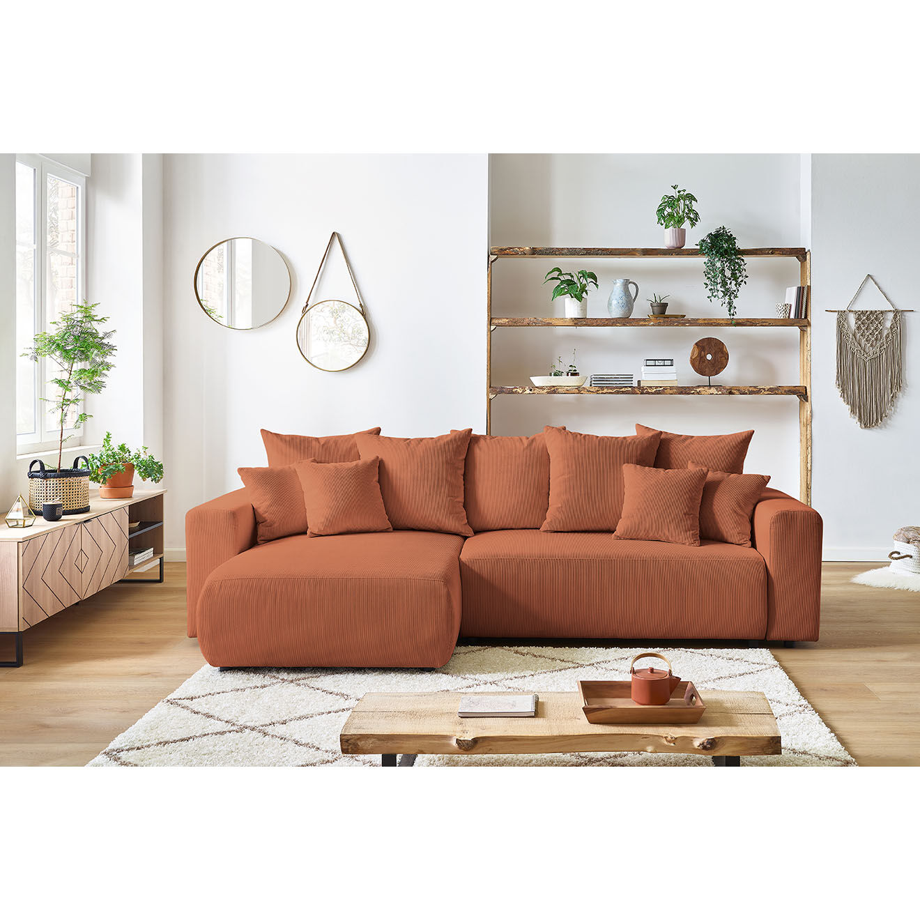 Bobochic Canapé d'angle convertible reversible velours côtelé Envy orange - 282x153x95 cm
