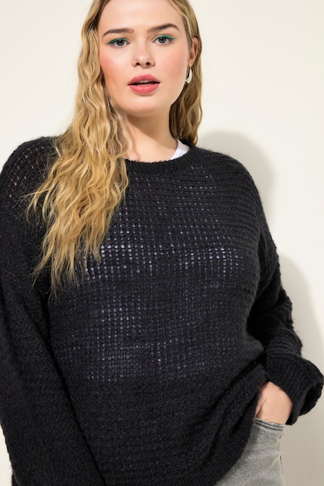 Pullover, Boxy Shape, Lochstrick, Rundhals, Langarm