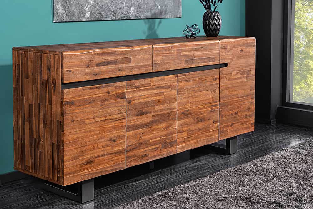 Massives Sideboard GENESIS 170cm braun geflammt Akazienholz Metall Industrial Design