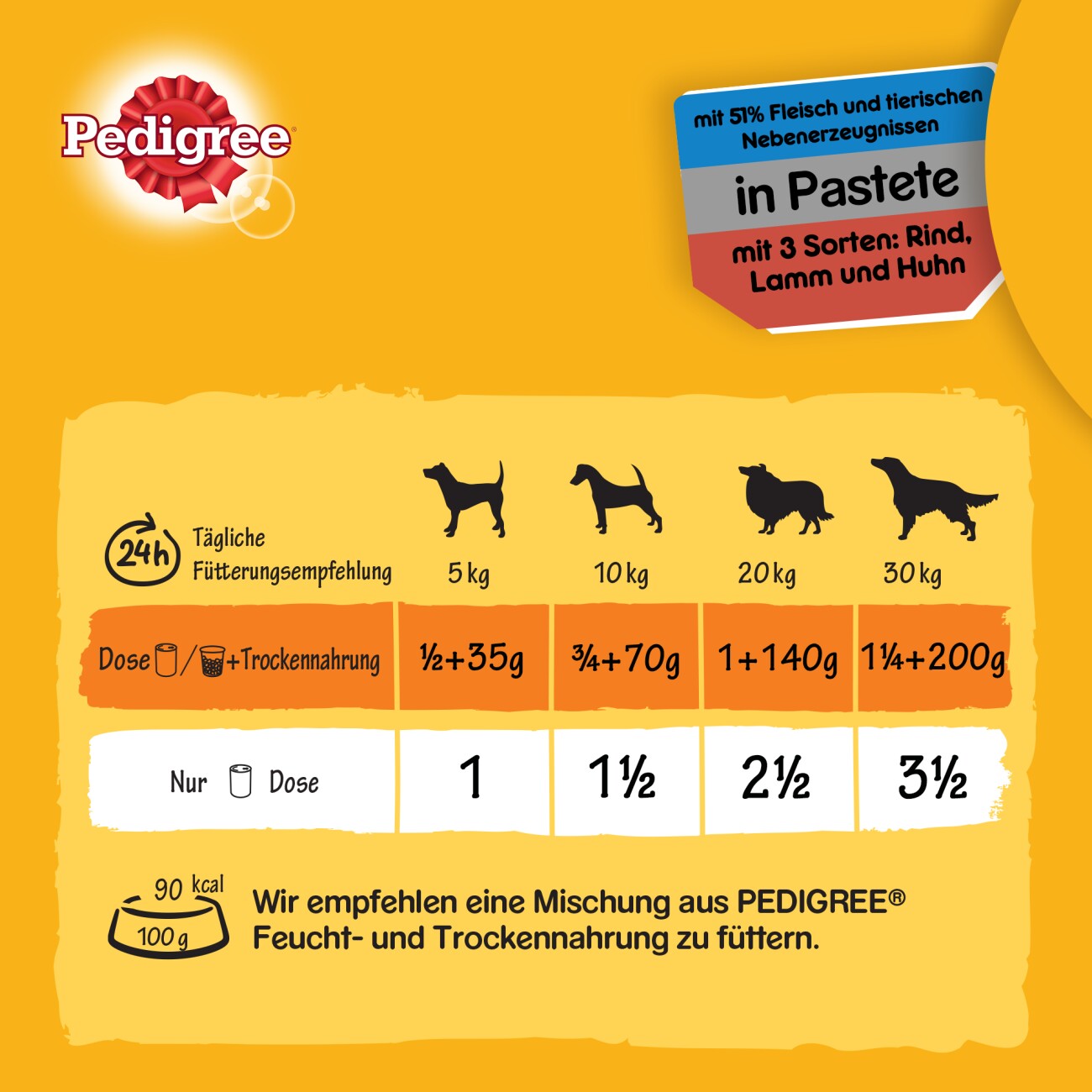 Pedigree Nassfutter Hund Adult, Classic 3 Sorten 12x800 g Rind, Lamm und Huhn