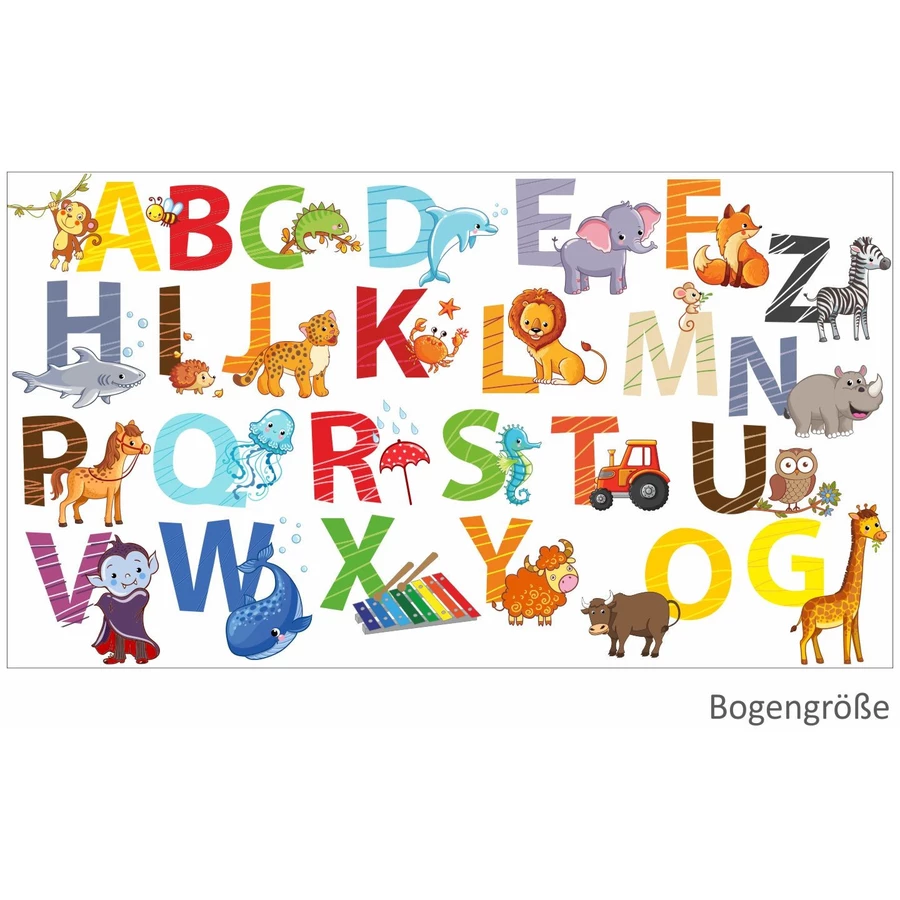 Nikima Wandtattoo 084 Wandtattoo Alphabet Tiere ABC Kinderzimmer Sticker Aufkleber bunt
