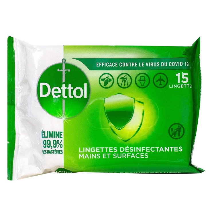 Dettol 15 lingettes désinfectantes mains et surfaces
