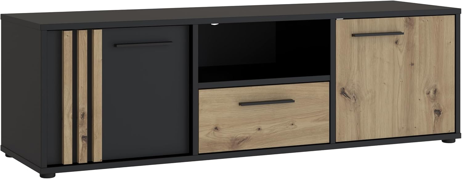 Forte Cardigan TV-Schrank 140 150, modernes Lowboard, 2-türig, 1 Schublade, Wohnzimmer, Holzwerkstoff, Artisan Eiche Holzdekor|Schwarz, 142,6 cm breit x 43,9 cm hoch x 41,5 cm tief