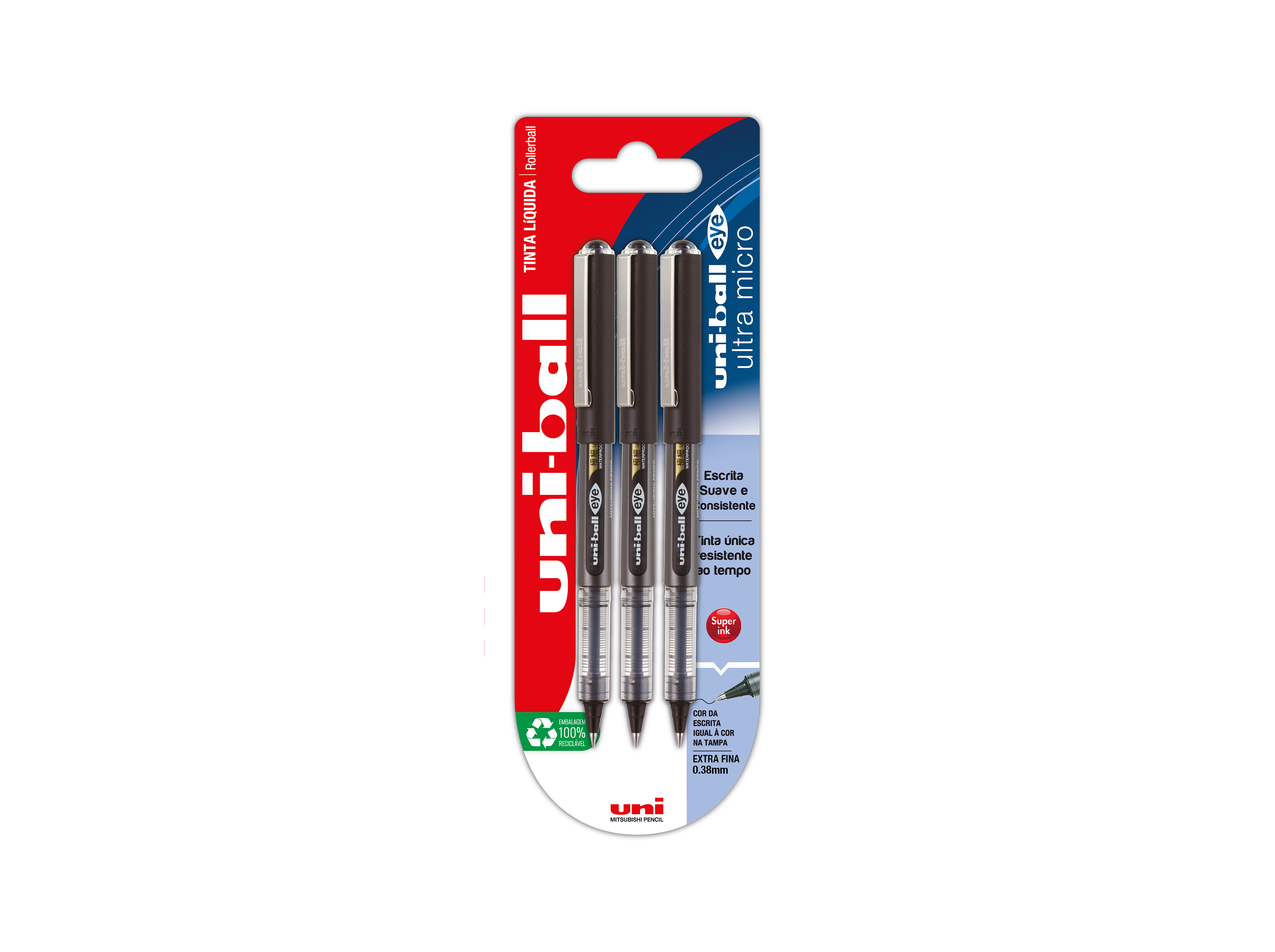 ESFEROGRÁFICA ROLLER UNI-BALL EYE ULTRA MICRO PRETO 3 UNIDADES