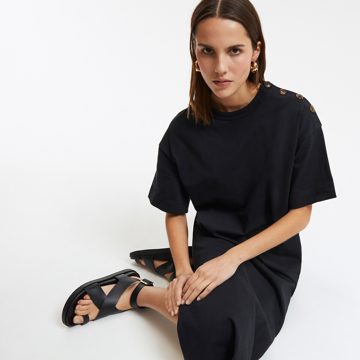 COLEÇÃO LA REDOUTE<br>Vestido longo em jérsei, fechamento com botão no ombro