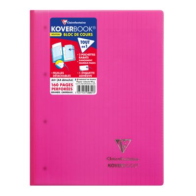Clairefontaine Koverbook - Bloc de cours agrafé A4+ - 160 pages détachables perforées - grands carreaux (Seyes) - disponible dans différentes couleurs