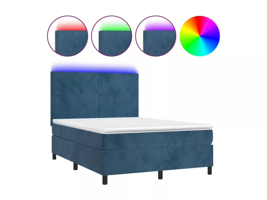 Sommier tapissier matelas et LED Bleu foncé 140x190 cm Velours