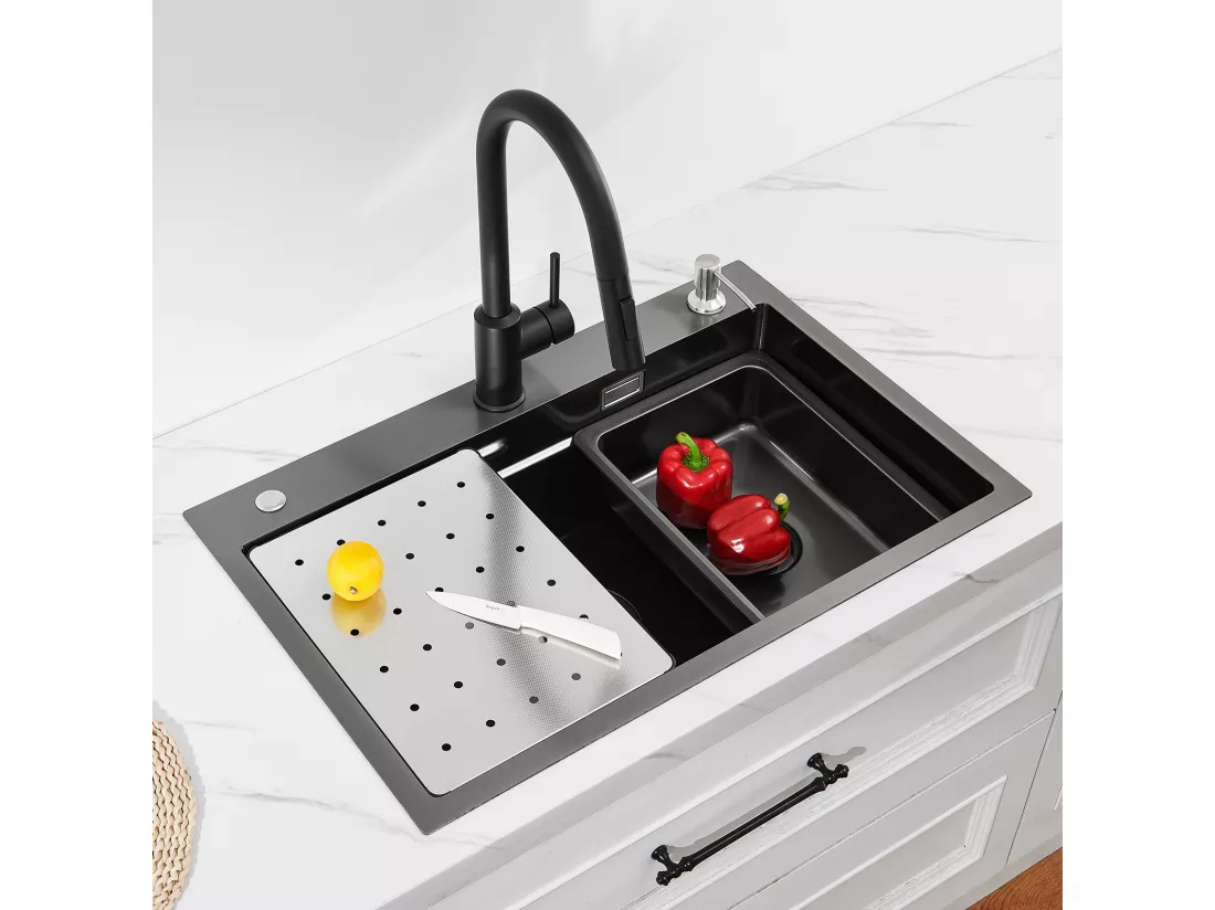 Cecipa max Évier 1 Bac 70×45×21.5CM Noir avec Egouttoir, Vasque et Distributeur de Savon+Mitigeur avec Douchette Extractible 2 Modes de Sortie D'eau