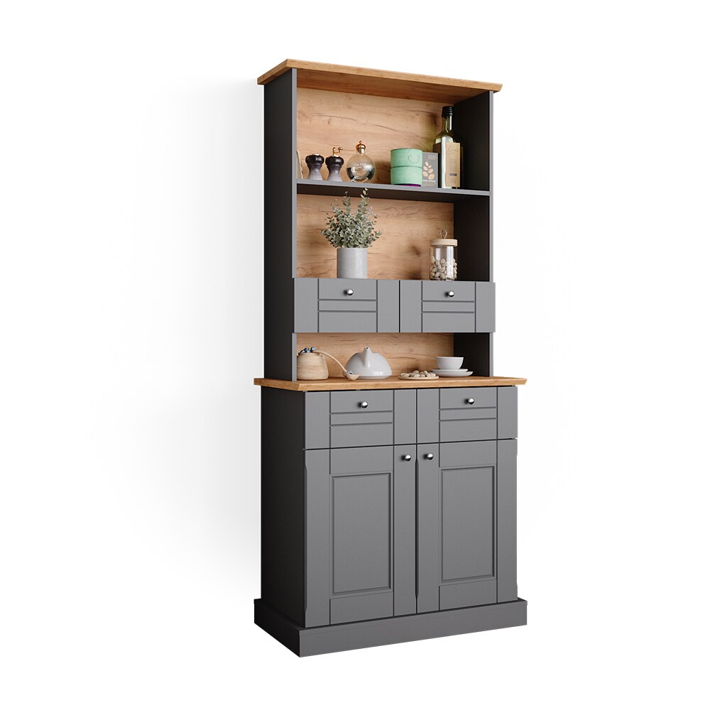 Vicco Küchenvitrine Kommode Küchenregal Bergamo Grau Eiche Küchen Schrank 83x84 cm Vintage Ablage Schublade Schranktür Anrichte Küchenmöbel