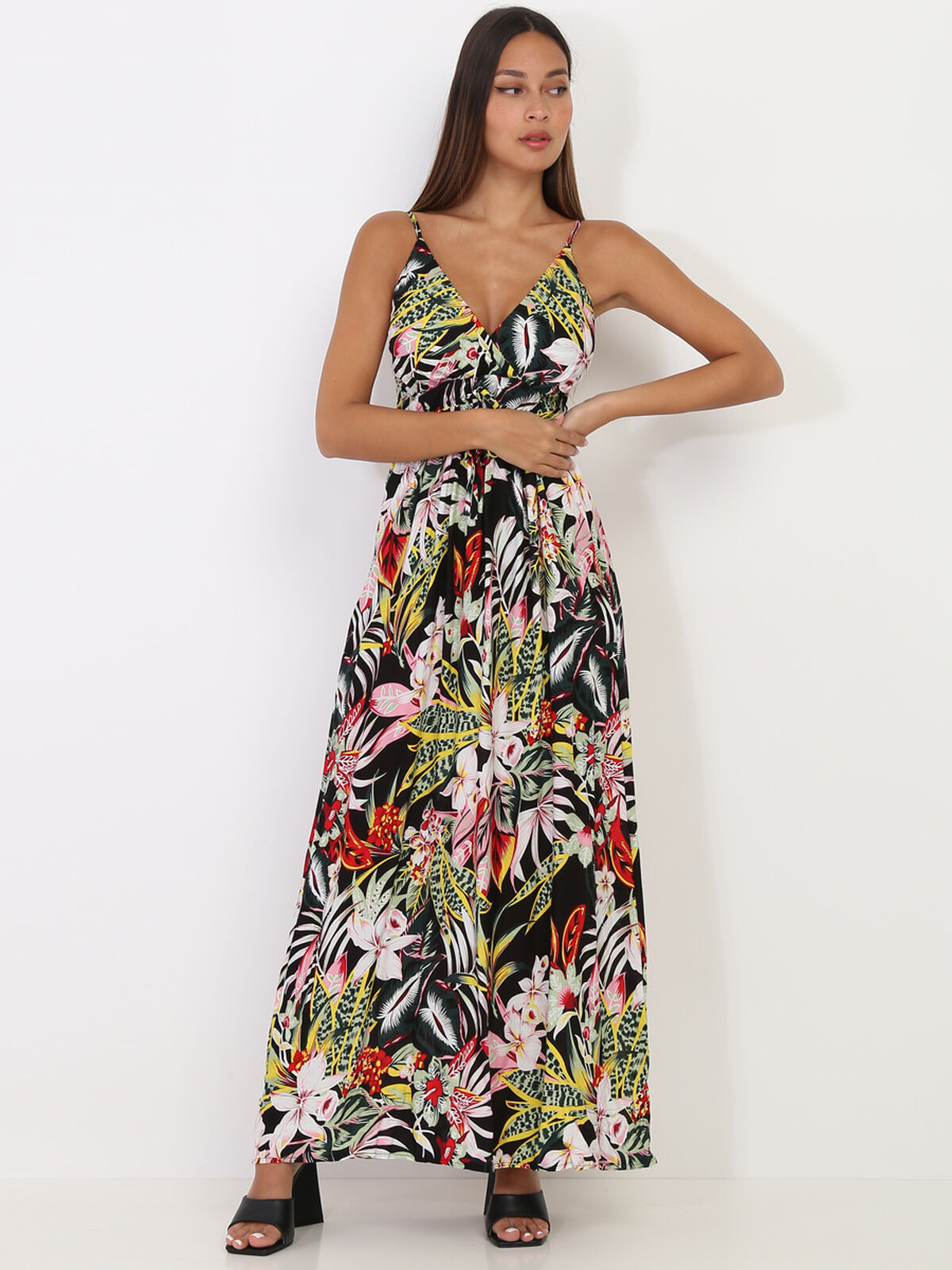 Robe longue fluide motif jungle- Noir