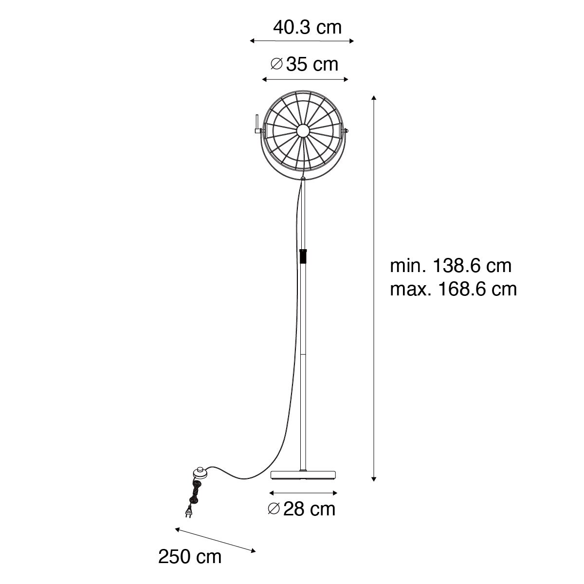 QAZQA - Industrieel I Vintage I Vloerlamp I Staande lamp I Lamp I Licht Zwart 35 cm Verstelbaar - Hanze I Woonkamer I Slaapkamer - Staal Rond - LED Geschikt E