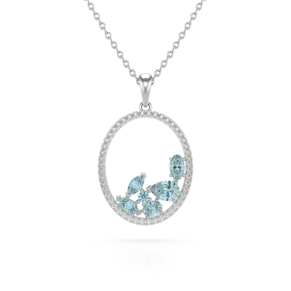 Collier Pendentif Or Blanc 585 Aigue-Marine et Diamants Chaine Or incluse 2.096grs