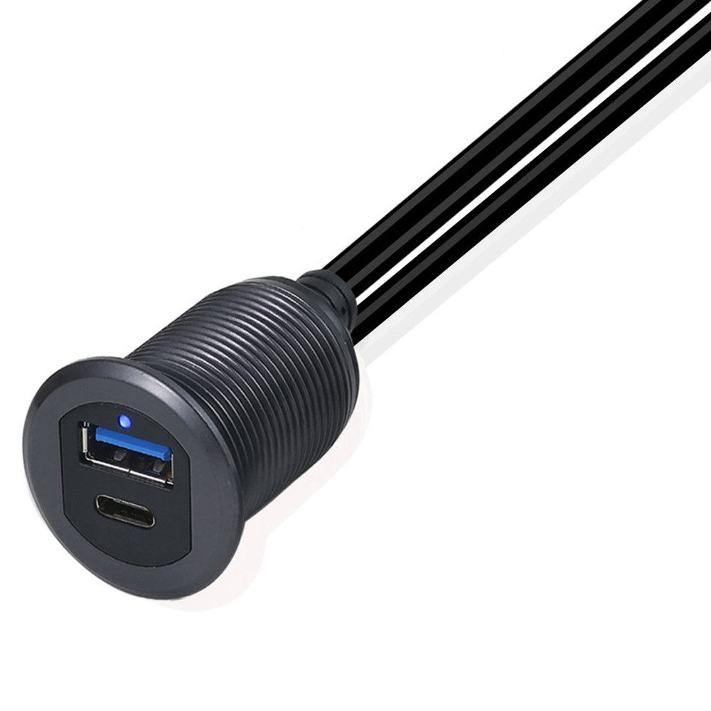 (2m) USB A / USB C Buchse Verlängerungskabel KFZ Auto LED Armaturenbrett Kabel - Schwarz