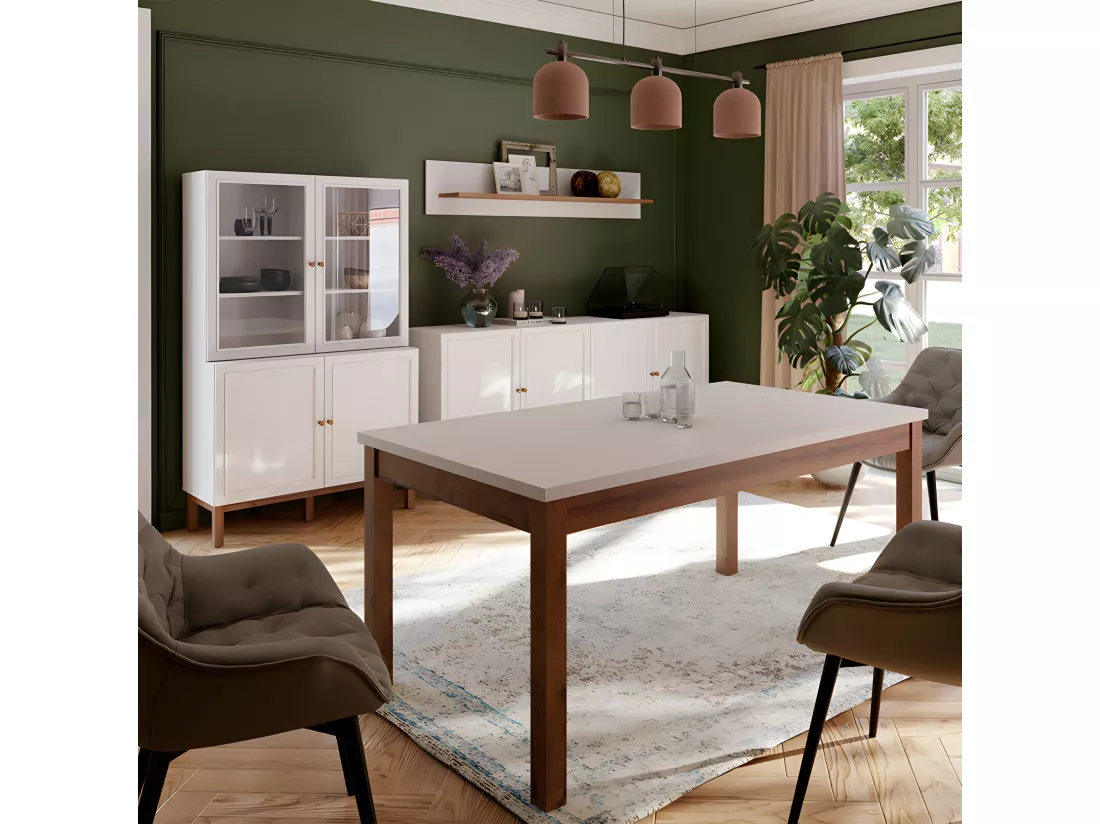 Vaisselier vitré décor gris et chêne avec poignées en bois - UDINE