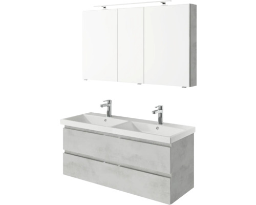 3-delige badkamermeubelset Pelipal serie 4035 BxHxD 120 x 200 x 45 cm, fronten grijs, met witte keramische wastafel en keramische dubbele wastafel, badmeubel, spiegelkast met LED-verlichting 40351200121030