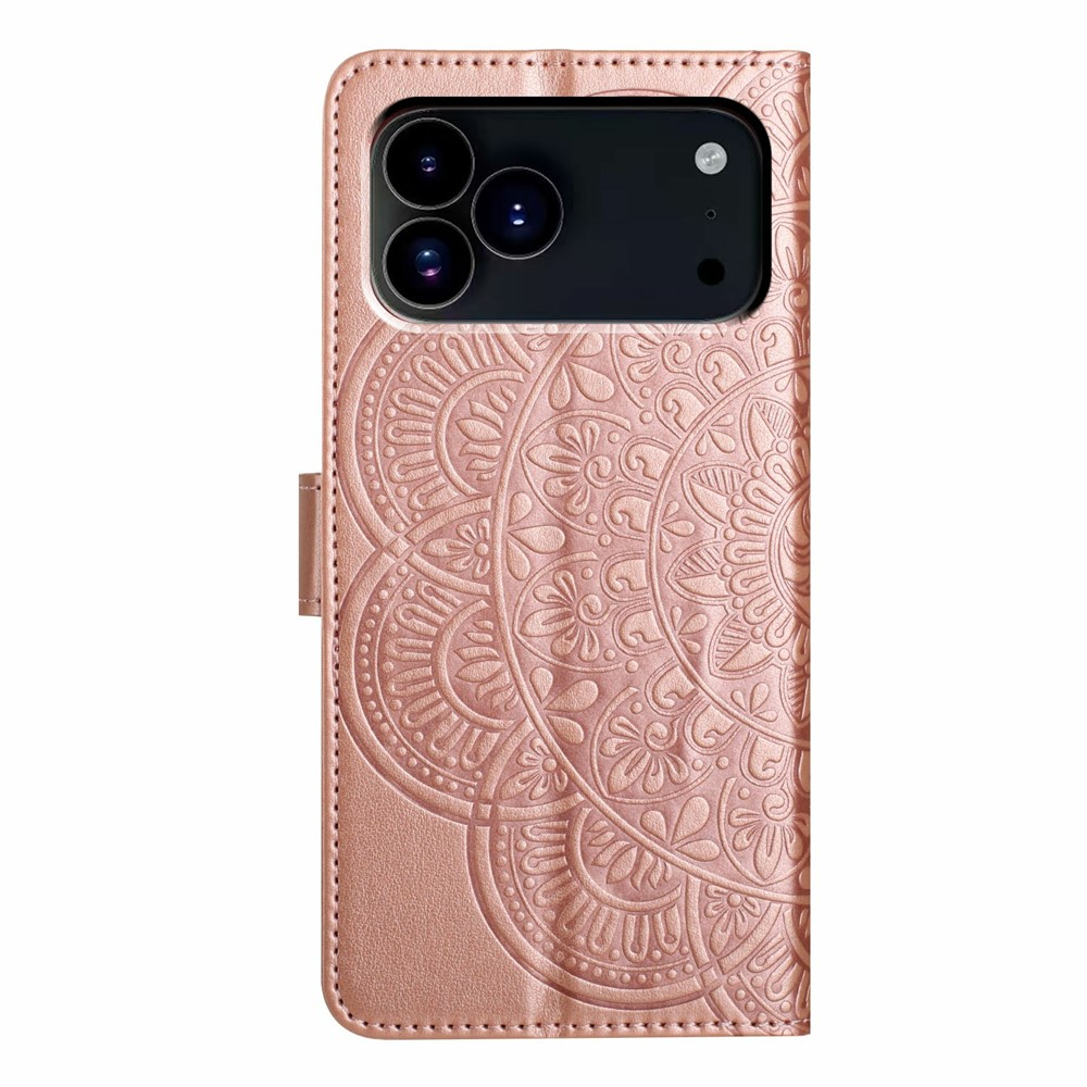 iPhone 17 Pro Max Leder Tasche Wallet - Mandala Flowers Imprint - Roségold