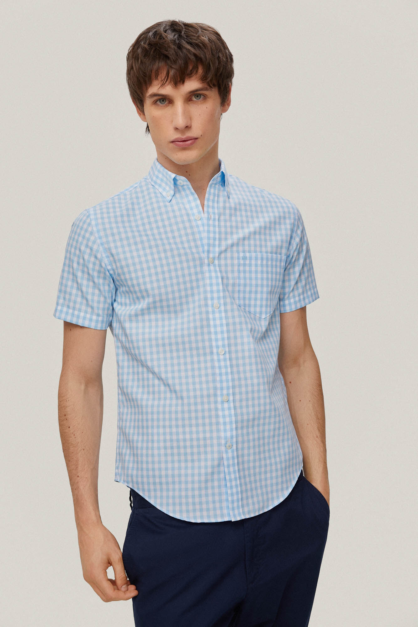 Camisa xadrez de manga curta que não precisa passar - Turquesa