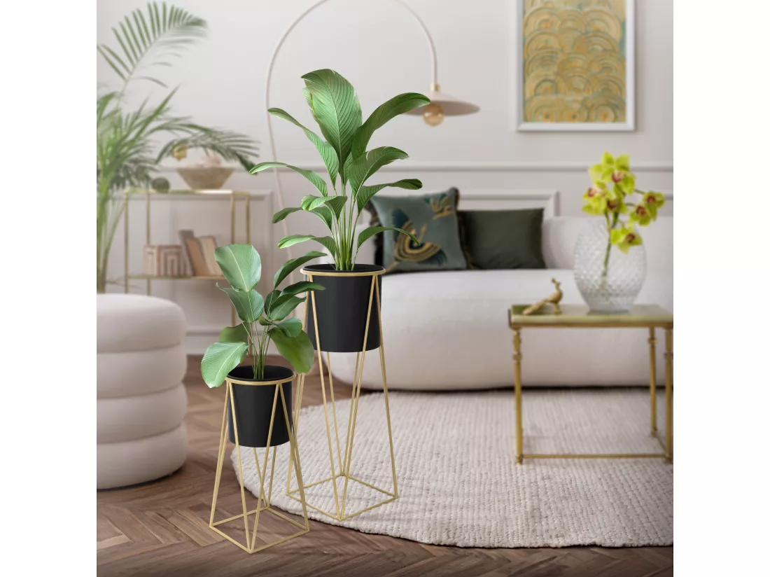 ML-Design Porte-fleurs set de 2, noir-or, 21,8x22x47cm/25x25x71cm, acier, support de pots de fleurs avec cache-pot, support de plantes en métal, support de pots de fleurs 2 pièces, pots de plantes Deko Colonne de fleurs Tabouret de fleurs