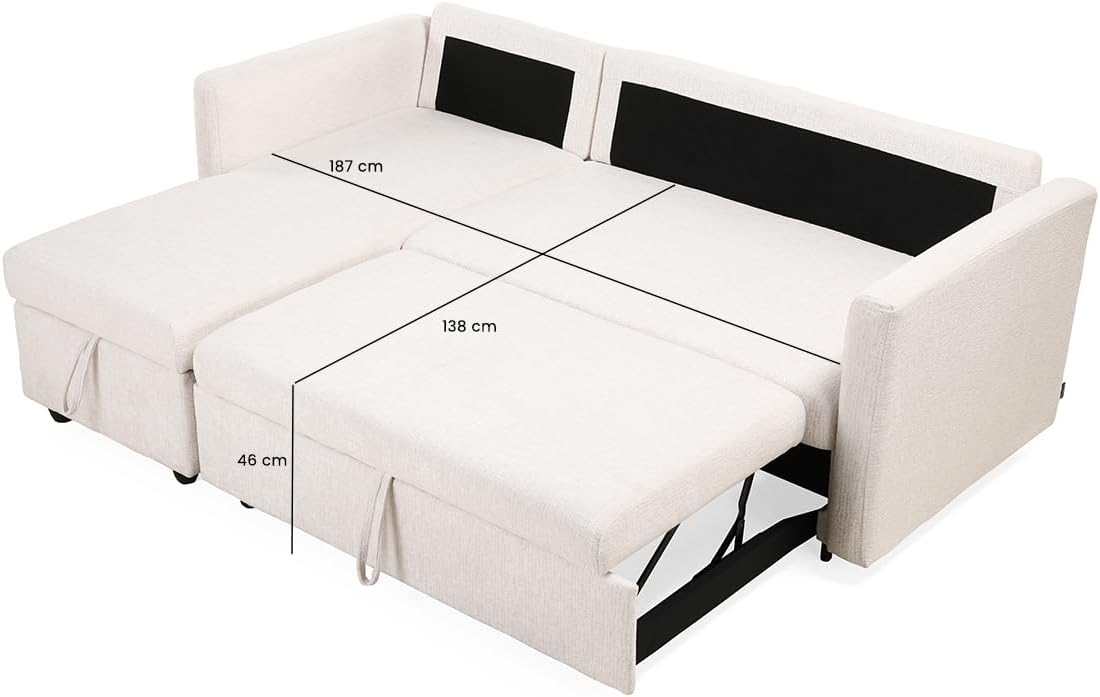 Meubletmoi Wilson Ecksofa, links, wendbar, 3-Sitzer, Länge: 210 cm, aus weichem Stoff, beige, ausziehbar, mit Kissen und integriertem Truhe, moderner Komfort und Originalität