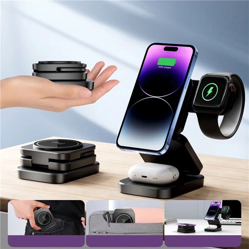 (15W) 3in1 MagSafe Ladegerät Qi Wireless Charger Faltbarer Ladeständer für Apple Watch / Smartphone / AirPods - Schwarz
