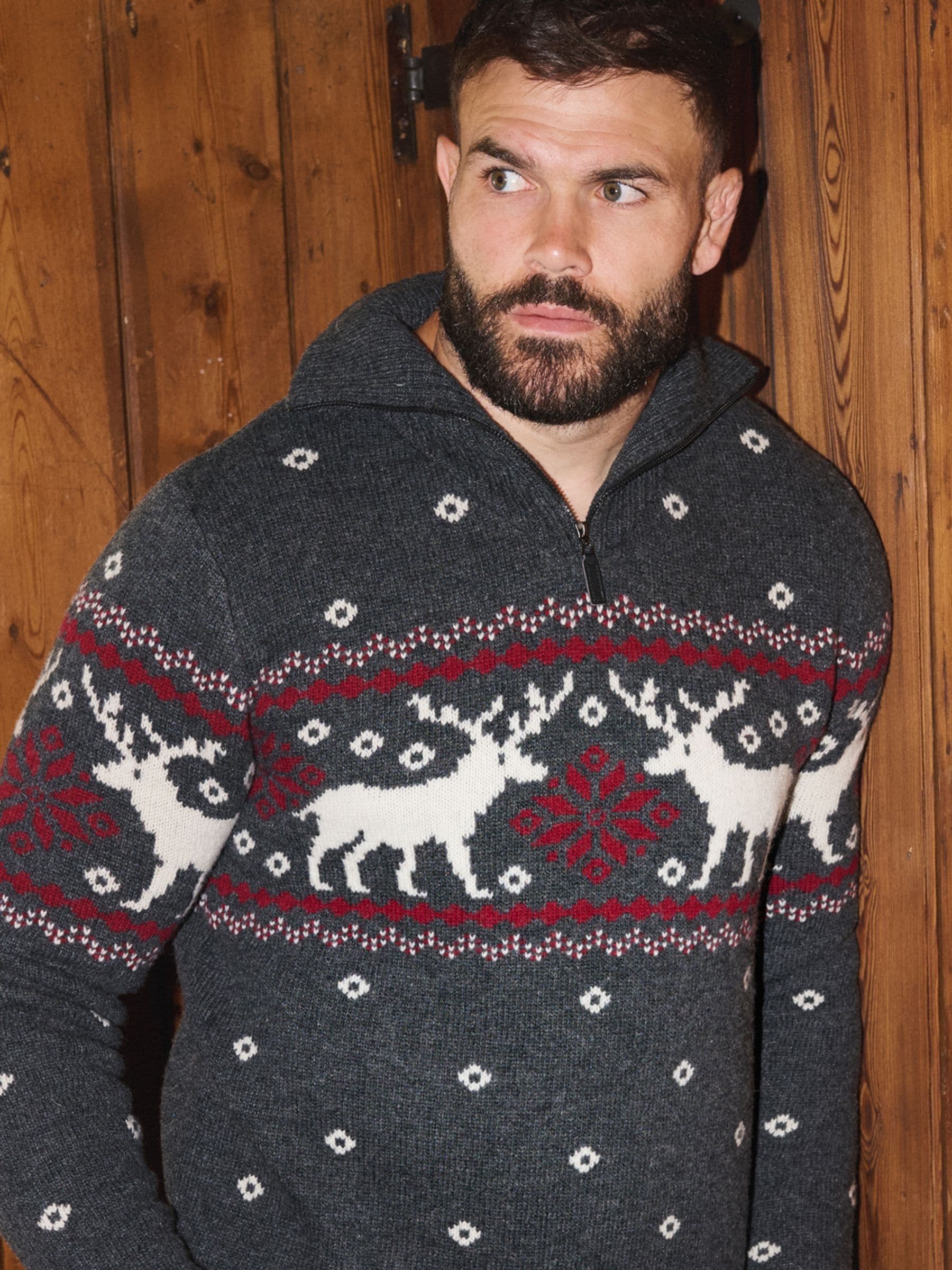 The Little Tailor grijze wollen Blend zip neck feestelijke fairisle Kerstmis Trui