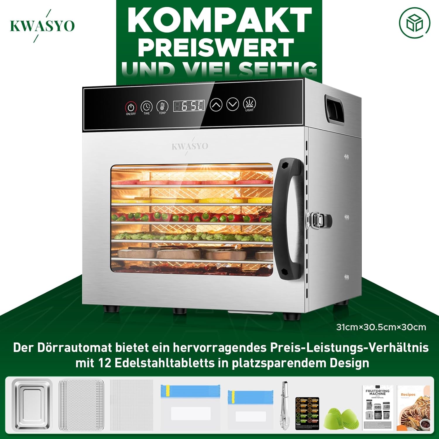Kwasyo Dörrautomat Edelstahl 600W mit 8 Etagen, Profi Dörrgerät & Dörrautomaten Lebensmitteltrockner, Digitaler Timer, Temperaturregelung, Überhitzungsschutz, Rezeptbuch inklusive