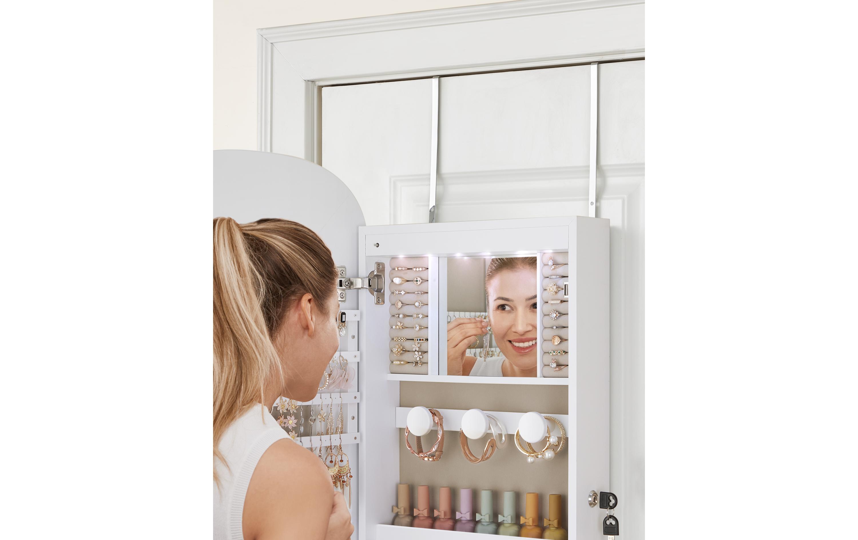 Schmuckhalter Spiegel zum hängen 10 x 42 x 108 cm, Weiss<br>Schmuckschrank