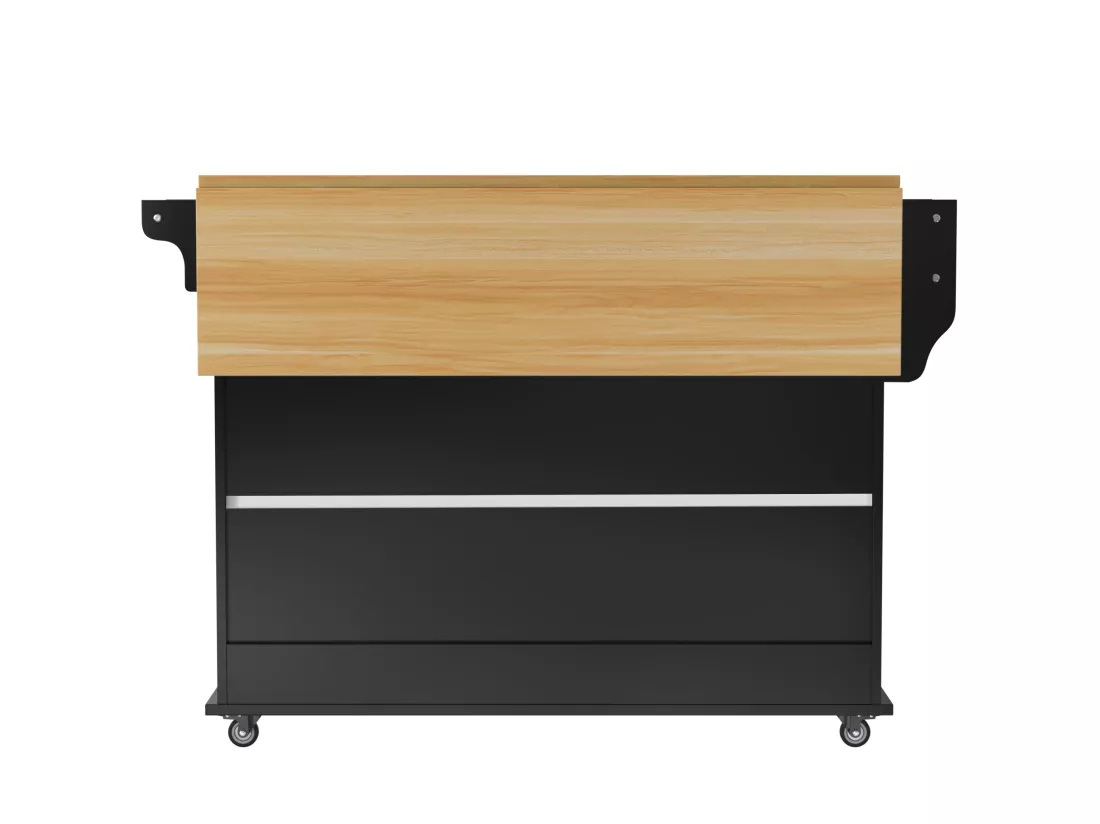Ilot central de cuisine mobile avec 2 portes coulissantes - plateau extensible - 112x40(70)x94 cm - Bois MDF + métal - Noir et bois