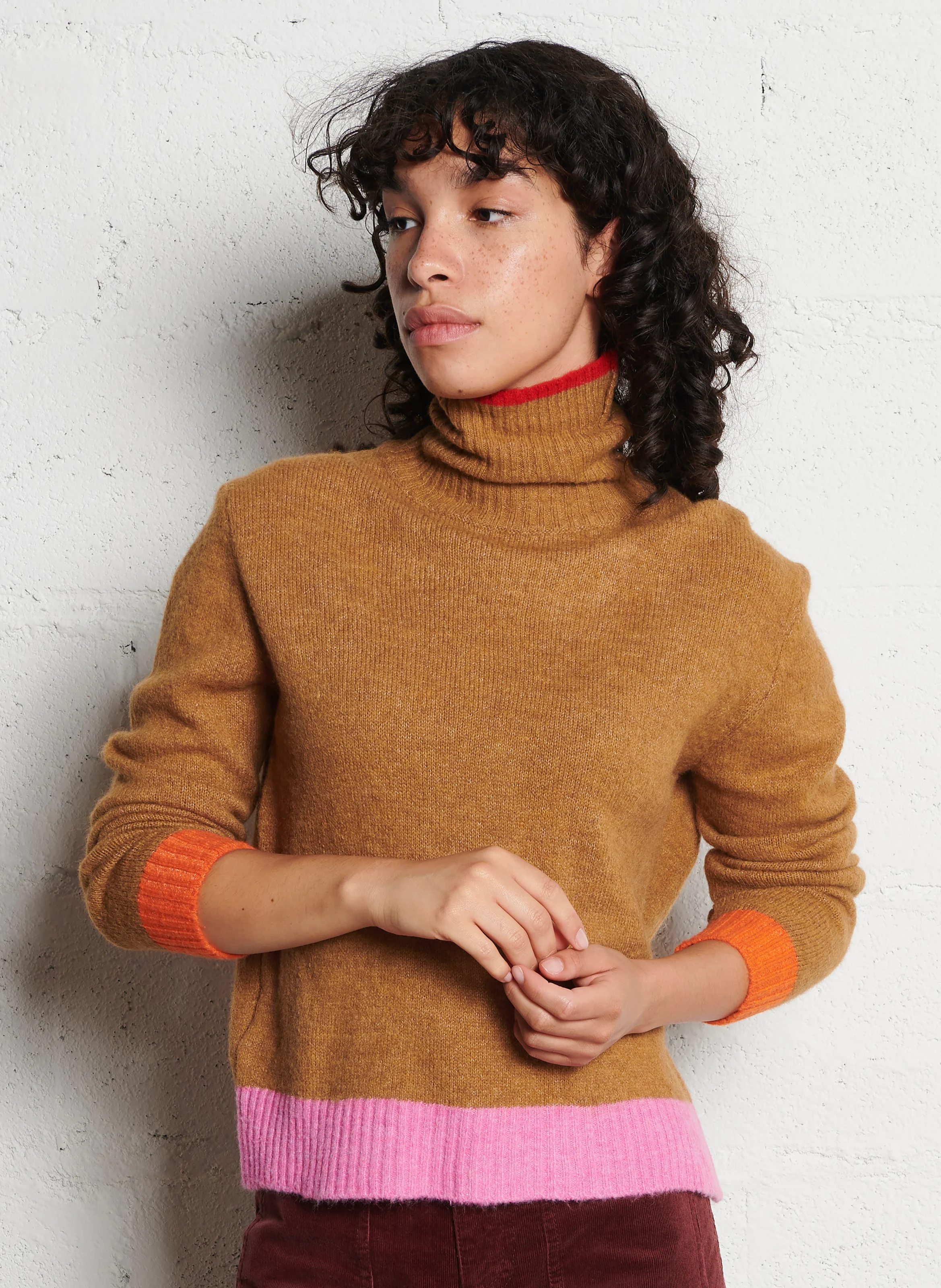 PRINCE - Pull droit col roulé contrasté | Marron