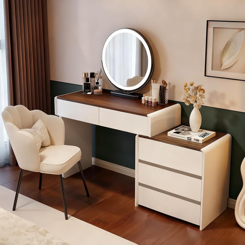 Schminktisch mit LED Beleuchtung und Spiegel, Vanity Desk mit 5 Schubladen, Verstellbare Helligkeit, Moderner Makeup Table für Schlafzimmer und Ankleidezimmer, (WHITE100)