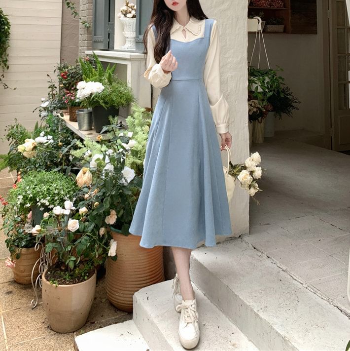 aistera - Mock Two-Piece Long-Sleeve Two Tone Midi A-Line Dress