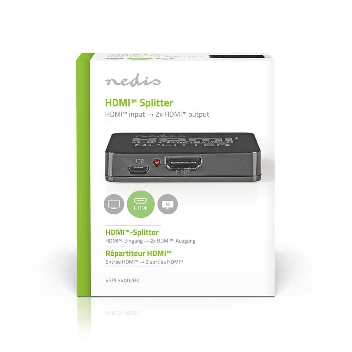Nedis HDMI ™ Splitter | 2-Port port(s) | HDMI ™ -inngang | 2x HDMI ™ -utgang | 4K@30Hz | 2.25 Gbps | ABS / PVC | Sort