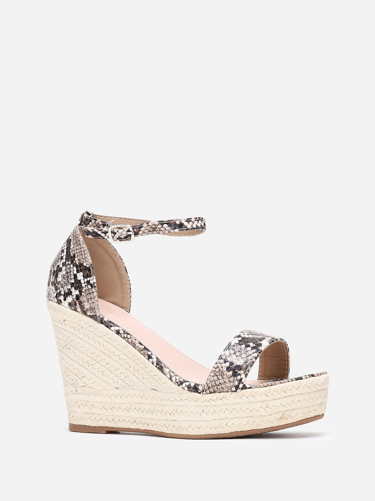 Sandales compensées à motif python- Beige