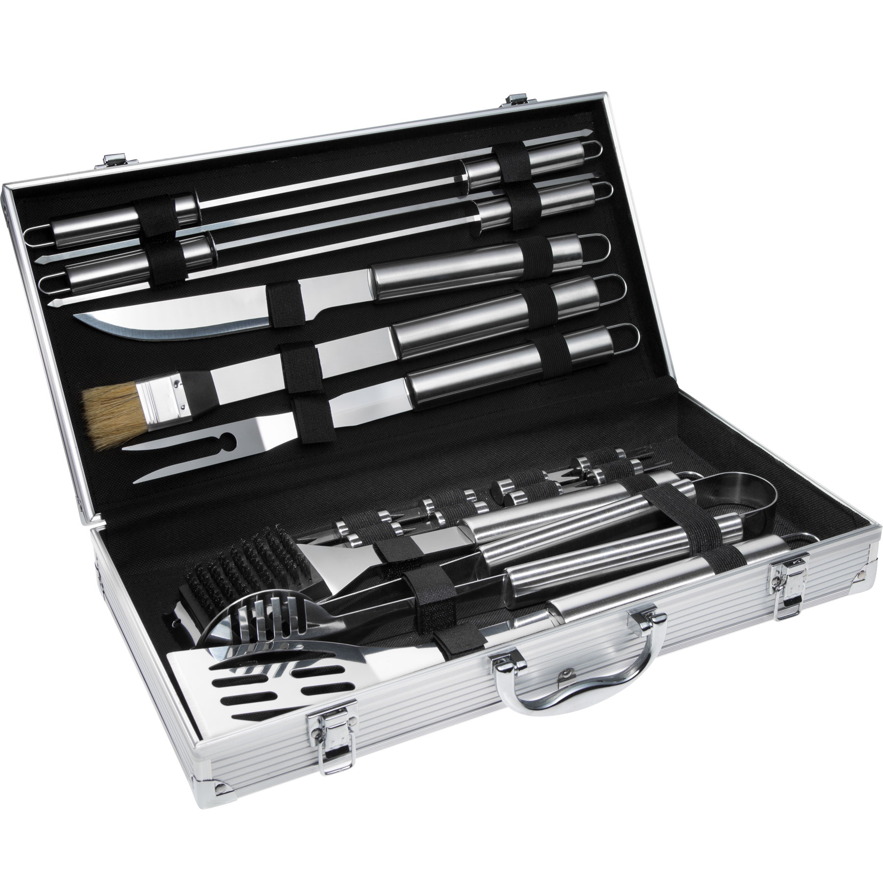 tectake® Grillbesteck, aus Edelstahl, lange Griffe, inklusive Aluminiumkoffer
