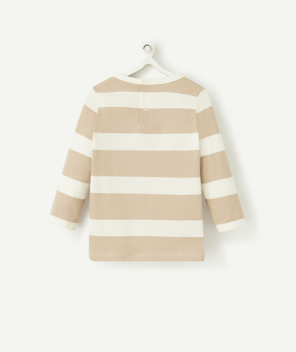 T-SHIRT BÉBÉ GARÇON EN COTON BIO AVEC MESSAGES ET IMPRIMÉ RAYÉ BEIGE