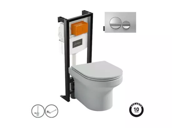 Pack WC suspendu sans bride JACOB DELAFON Elite + bâti-support + plaque Chrome brillant/Chrome mat + accessoires