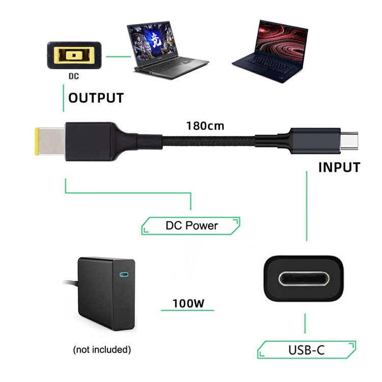 (100W / 180cm) Lenovo Laptop USB C-Rechteck DC Ladeanschluss Adapter Konverter Nylon Power Delivery Kabel - Schwarz