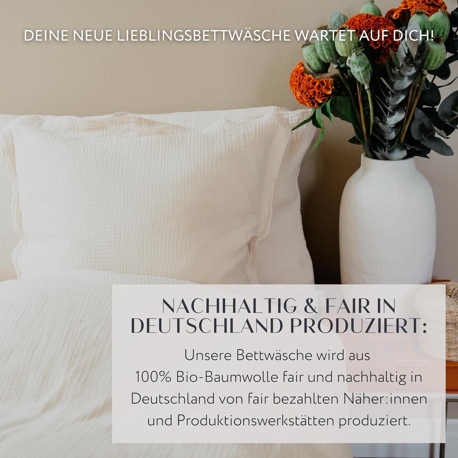 hutch&putch Premium Musselin-Bettwäsche - Bettwäsche Set - 100% Bio Baumwolle ​​- Deckenbezug & Kissenbezug - atmungsaktiv - 4 Jahreszeiten (Beige, 135x200 cm mit Kissenbezug 80x80 cm)