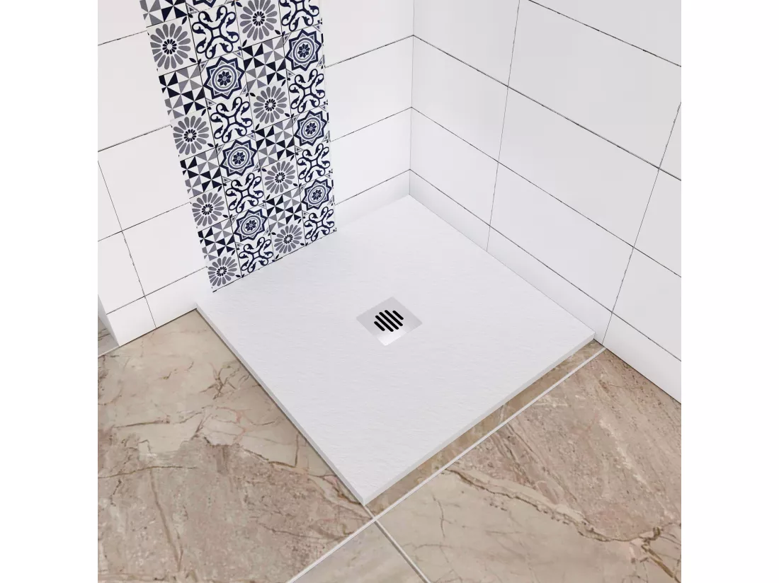 Aica receveur de douche carré Blanc 90x90x3cm，Extra plat antidérapant,Receveur extra-plat à poser ou à encastrer avec une grille en inox