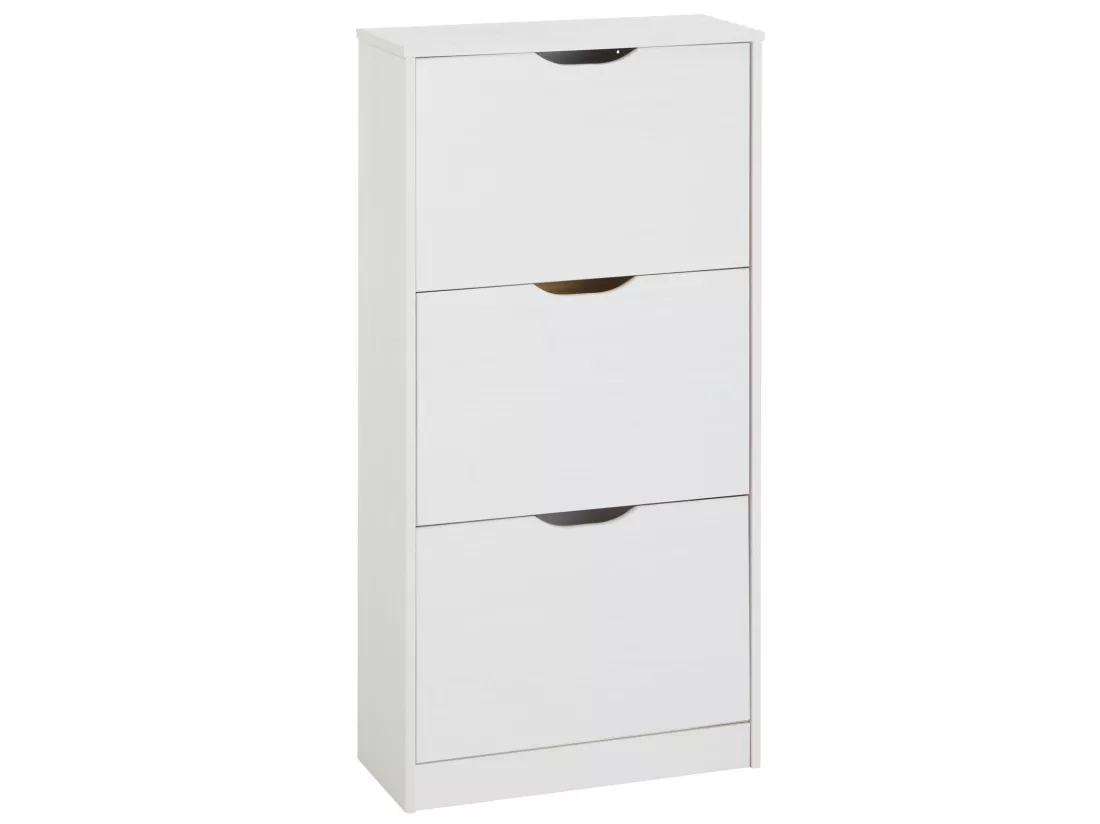Meuble à chaussures BASIL armoire avec 3 abattants rangement pour 18 paires, en pin massif lasuré blanc style maison de campagne