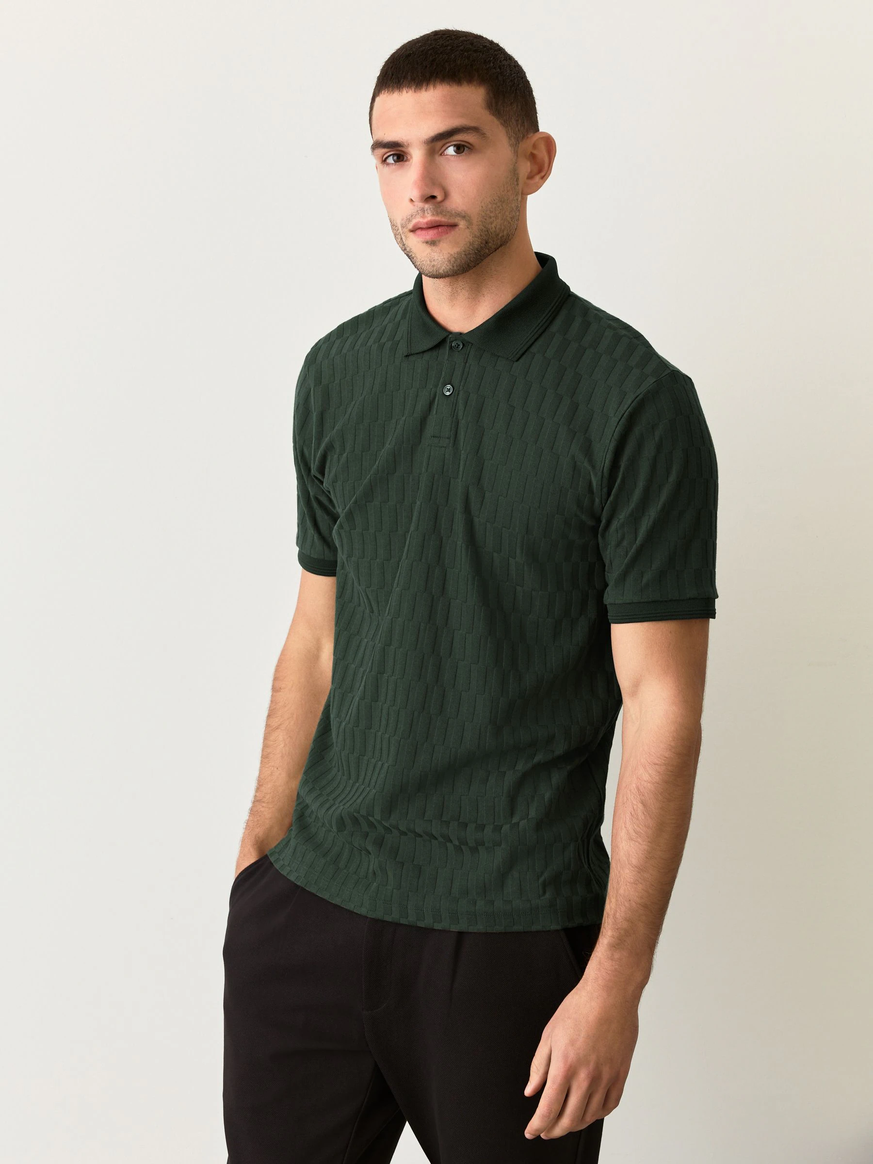 Olijfgroen - Normale Pasvorm - Net jacquard poloshirt