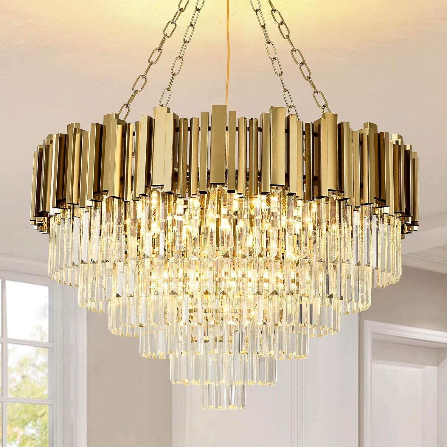 Modern Crystal Chandelier Gold Pendant Light Fixtures, Round Crystal Pendant Lighting for Living Room, Dining Room, Bedroom, Restaurant, E14 x 12, Φ80cm