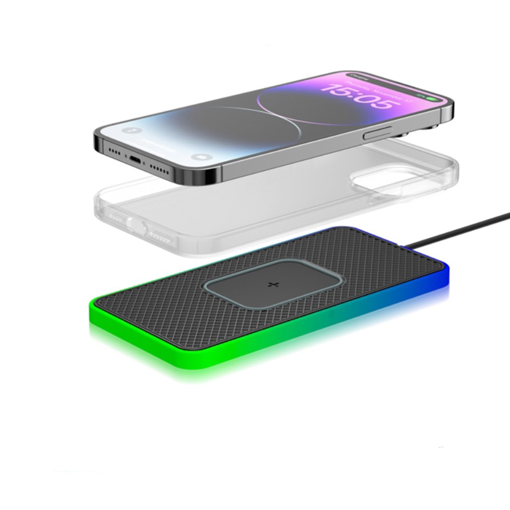(15W) 15W USB A Qi Wireless Charging Ladegerät Auto Anti Rutsch Ladematte mit LED Beleuchtung - Schwarz