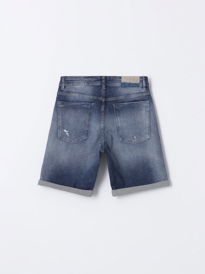 Shorts jeans slim confortáveis com rasgos - Azul-marinho