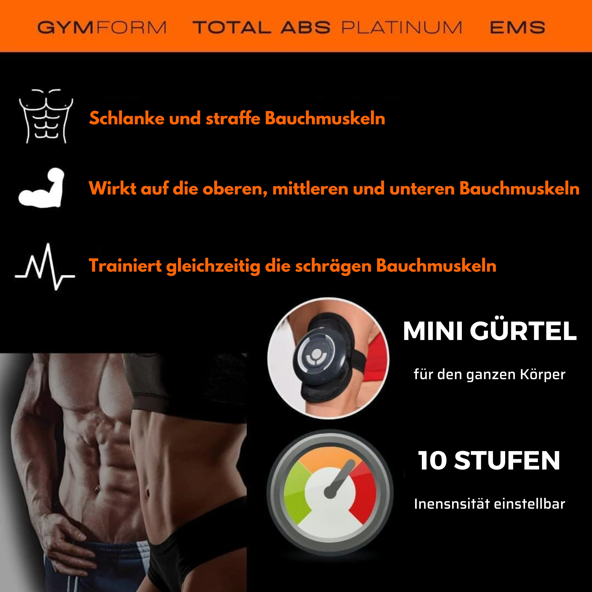 Gymform® EMS Bauchmuskeltrainer - Gürtel Trainer elektrisch Total Abs Platinum