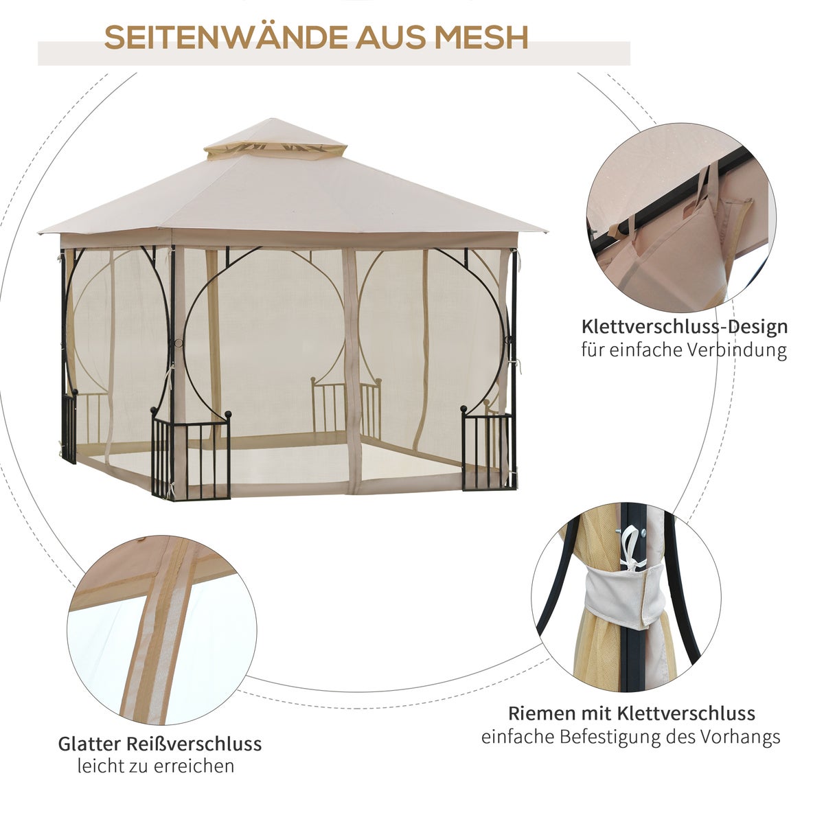 Outsunny Paviljoen, Tuinpaviljoen, 3x3m, Metaal, Polyester, Klamboe, Beige+Zwart