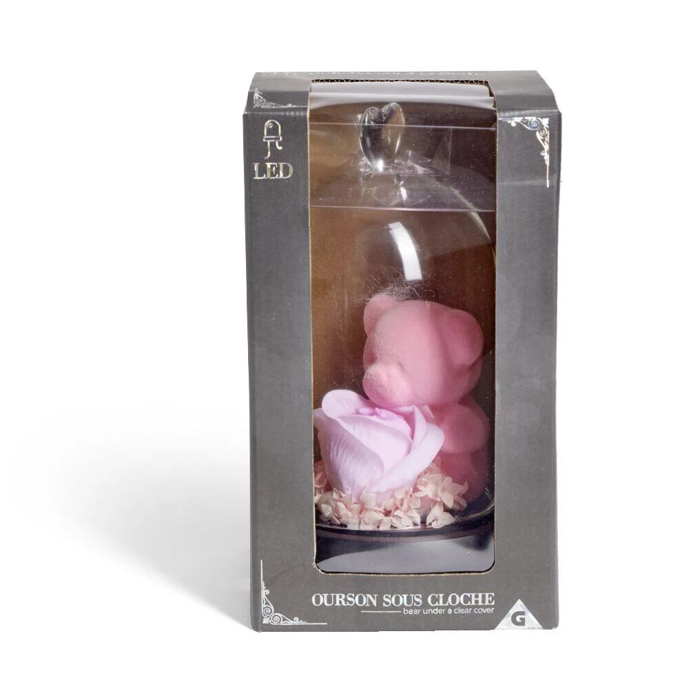 Ourson rose sous cloche en verre LED avec rose éternelle Ø12xH20cm