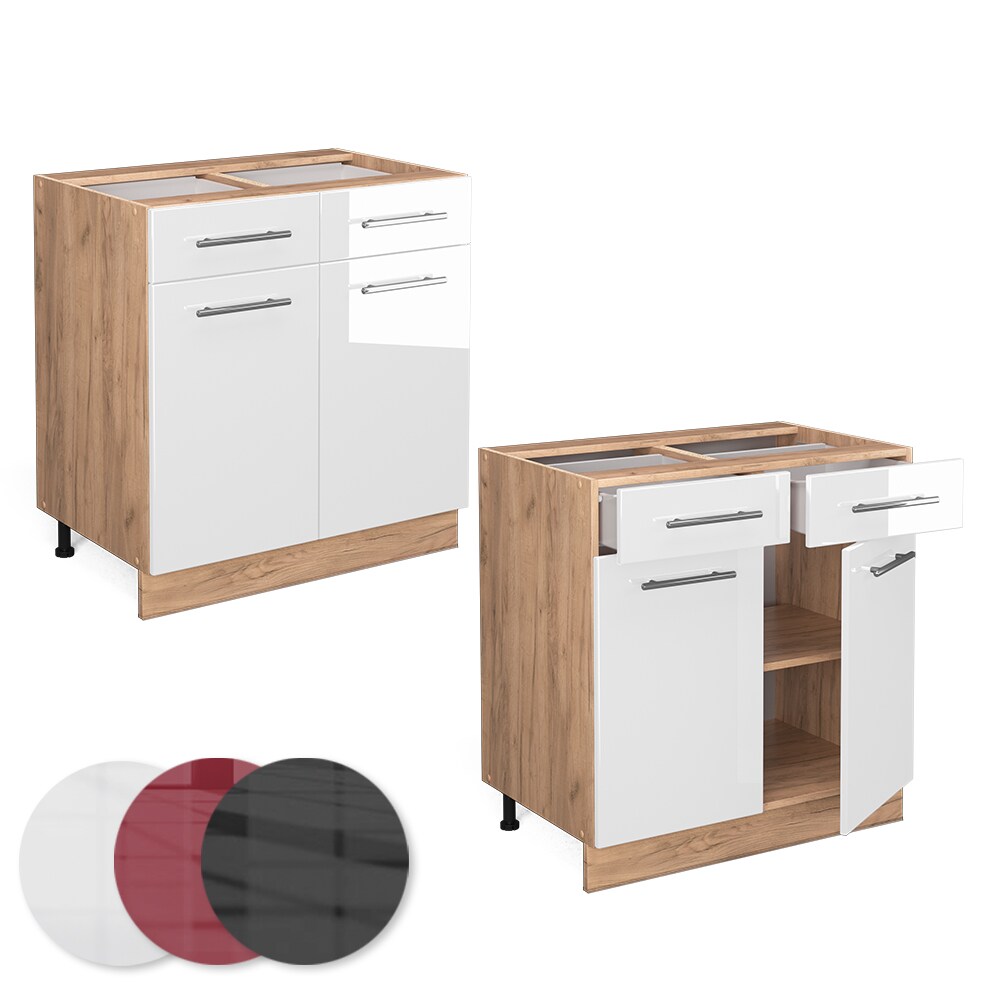 Vicco Schubunterschrank Küchenschrank Küchenmöbel Fame-Line Eiche Weiß modern 80 cm Küche Einbauküche Drehtür Schublade Einlegeboden Blende Küchenzeile Hochglanz